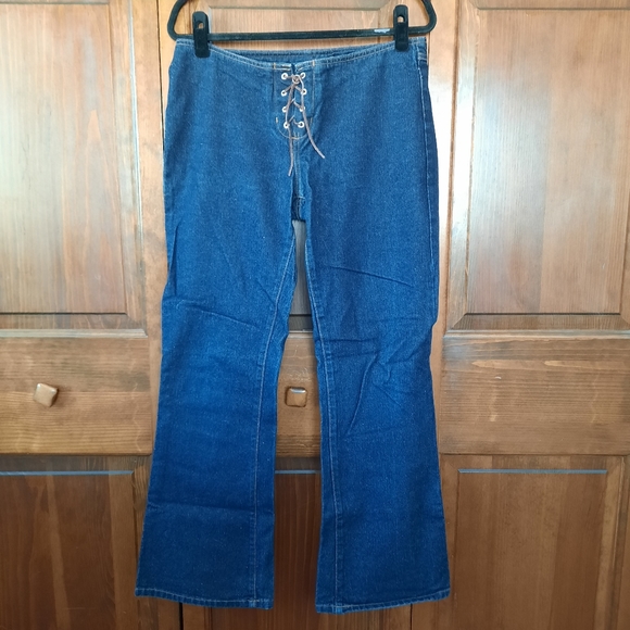 Paris Blues Denim - Vintage Y2K Paris Blues dark wash no waistband lace up flare denim jeans